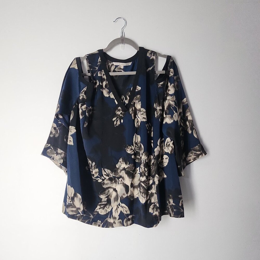 RACHEL ROY Cold Shoulder Navy Floral 3/4 Sleeve V Neck Tunic Top 2X